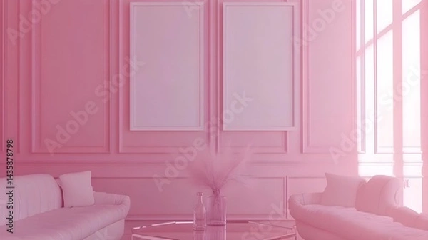 Fototapeta Minimalist Empty Room with Two White Frames on Pink Wall