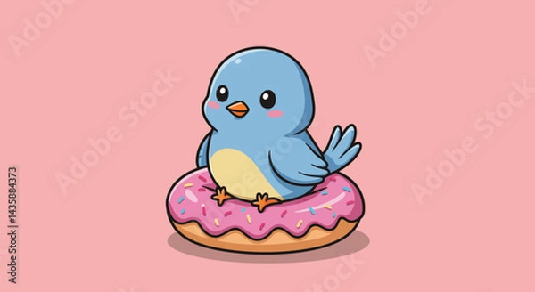 Fototapeta Delightful Cartoon Bird Perched on Pink Sprinkled Donut