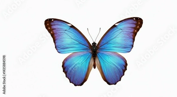 Fototapeta Isolated close up of a vibrant blue butterfly with wings spread on a clean white background studio shot