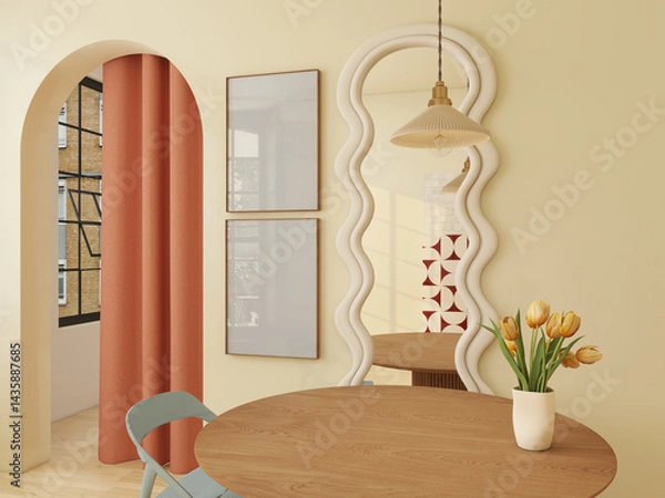 Obraz Two wooden frames on colorful kitchen wall. Wall art mockup for photoshop, 2 frames.