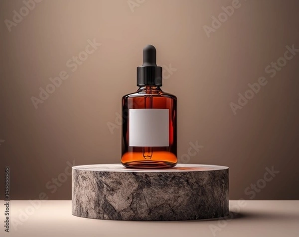 Fototapeta Glass Dropper Bottle On Wooden Stand, Minimalist Product Photography With Neutral Background