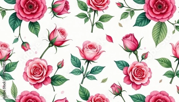 Obraz Intricate watercolor rose buds & leaves seamless pattern, fabric, flower