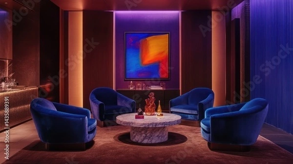 Fototapeta Elegant living room with stylish blue armchairs around a marble table, cozy vibe