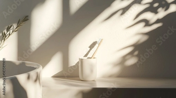 Fototapeta Toothbrush cup with dramatic shadows from potted plant