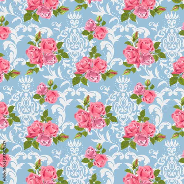 Fototapeta Pattern with roses on the ornament.Vector seamless pattern with roses on a beautiful ornament and a blue background.