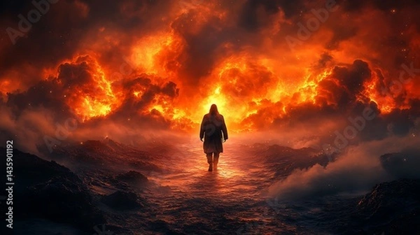 Fototapeta Figure walks towards fiery, apocalyptic sky