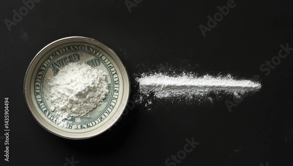 Fototapeta Powdered substance, possibly flour, arranged on a dark surface