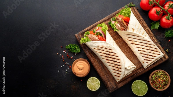 Obraz Shawarma with Sauce on a Wooden Cutting Board set on  a Black Background
