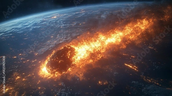 Fototapeta Fiery celestial object impacting a planet's surface.