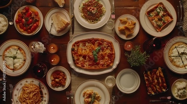 Fototapeta A top view of a family-style dinner table with several plates of pizza, pasta, and appetizers, all neatly arranged