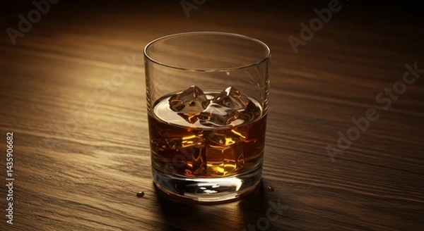 Fototapeta Whiskey on the Rocks - Glass of amber whiskey with ice cubes on a dark wood surface