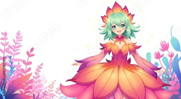 Fototapeta 花のようなドレスを着た若い女性、ファンタジーの背景に立って、コピー空間があります