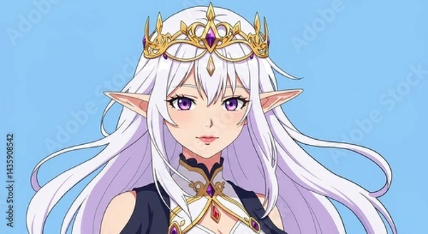 Fototapeta アニメスタイルのエルフの女性、青い背景に, with copy space