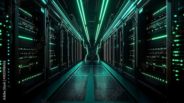 Fototapeta Futuristic server room illuminated with vibrant green neon lighting effect