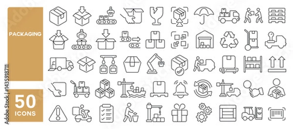 Fototapeta Set of 50 line icons related to packaging, cardboard, logistic, manufacturer, box, package, cargo, product, Editable stroke. Vector illustration