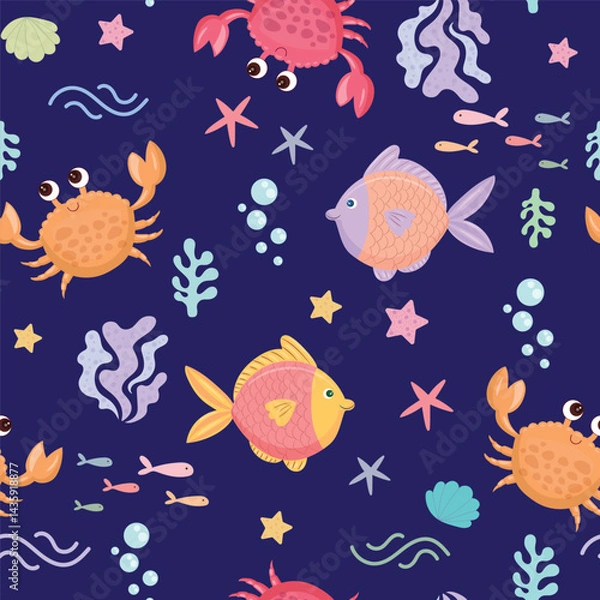 Fototapeta Vector illustration of elegant flat tropical fish seamless pattern