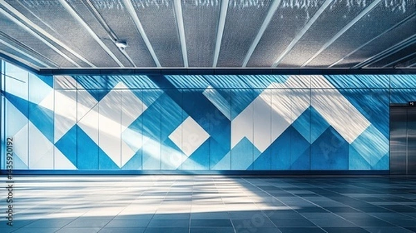 Fototapeta Sunlit modern hallway with blue geometric wall art; elevator in background; architectural design