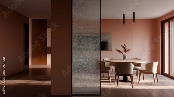Fototapeta Modern dining area with frosted glass partition, warm tones, and patio view