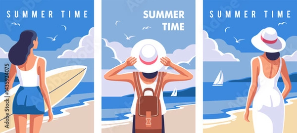 Obraz Concept of summer party, vacation and travel. Three vibrant illustrations depict people at the beach enjoying summer activities, including surfing and relaxing by the sea. Vector illustration.
