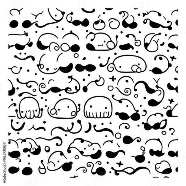 Fototapeta Playful monochrome pattern with quirky cartoon figures creating whimsical designs