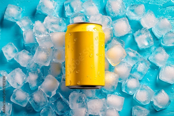 Fototapeta An yellow beverage can lying amidst clear ice cubes. This icy arrangement reflects a refreshing summer atmosphere, ideal for cool drinks.
