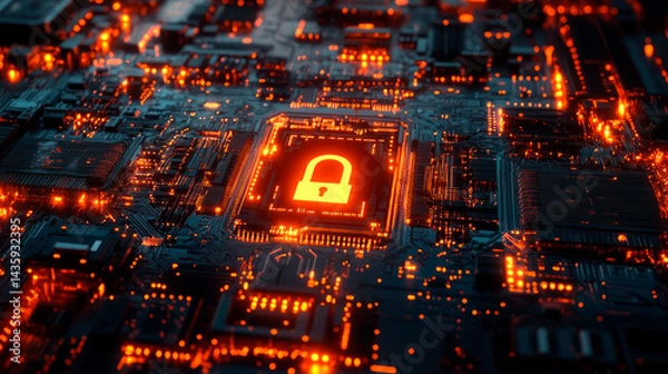 Fototapeta Digital data security related futuristic technological background with a padlock icon on computer circuit board.