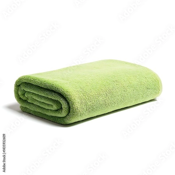 Fototapeta A soft green beach towel, perfect for sunbathing and relaxation, placed on a pristine white background to emphasize its vibrant color