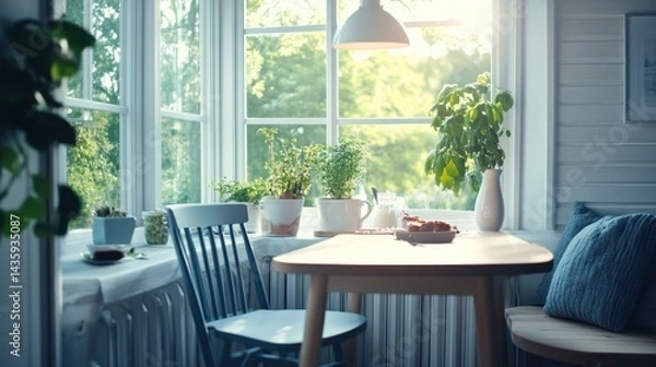 Fototapeta Cozy breakfast nook with large windows in a recently built home