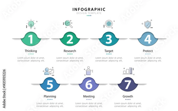 Fototapeta Timeline Creator infographic template. 7 Step timeline journey, calendar Flat simple infographics design template. presentation graph. Business concept with 7 options, vector illustration.