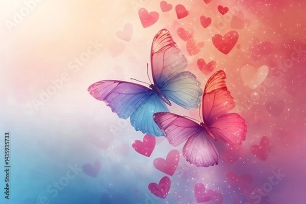 Obraz Colorful butterflies surrounded by hearts on a dreamy background.