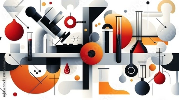 Fototapeta Abstract science illustration featuring microscope, beakers, test tubes, and geometric shapes in orange, red, gray, and black. Perfect for science, research, and technology concepts.