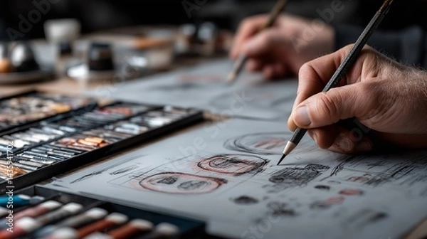 Obraz Designers collaborating at creative meeting table with close-up of hands sketching logos on paper, ideal for design agency blogs, creative industry content, artistic inspiration with neutral and muted