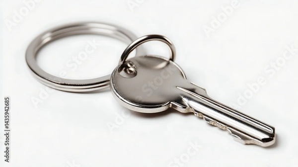 Fototapeta modern home key with ring detail on pure white background suitable for access control marketing or residential keychain mockup scenes