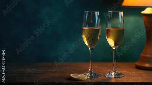 Fototapeta Two glasses of sparkling wine on a wooden table illuminated by a warm lamp