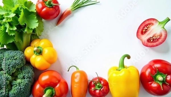 Fototapeta Overhead shot of fresh vegetables on white backdrop , farm fresh, colorful food, agriculture