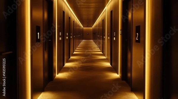 Fototapeta Well-lit corridor in condo building with numbered doors and modern finishes
