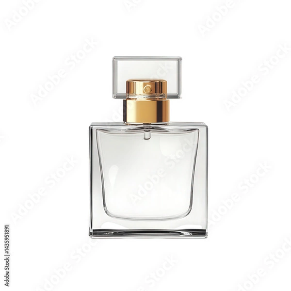 Fototapeta clear glass perfume bottle with a minimalist design. showcasing a simple yet elegant shape the bottle has a gold cap and a transparent body. emphasizing the purity of the fragrance inside it represent