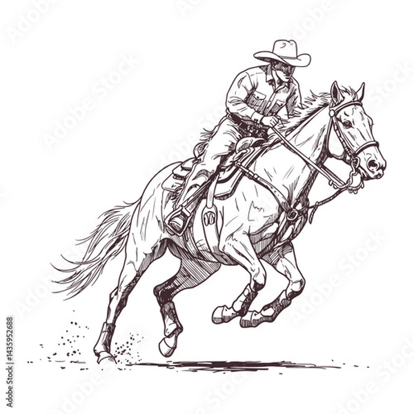 Obraz Rustic hand drawn cowboy racing at full gallop during intense rodeo competition traditional western culture illustrated in detailed black and white sketch perfect for wild west themed artwork and post