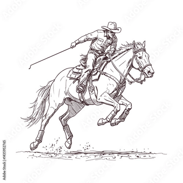 Obraz Detailed hand drawn artwork of cowboy racing horse in rodeo vintage black and white sketch depicting wild west spirit speed and traditional rustic equestrian lifestyle for western decor projects