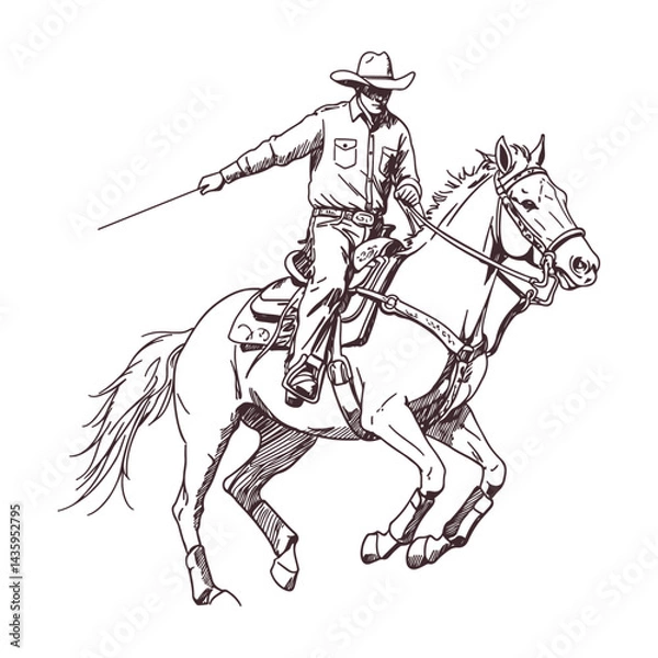 Obraz Western cowboy riding a galloping horse in a high speed rodeo competition hand drawn black and white sketch showcasing wild west action rustic tradition and vintage equestrian culture