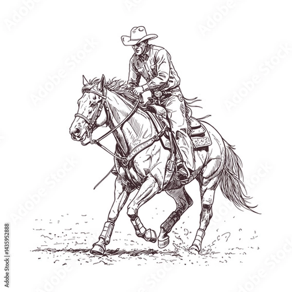 Obraz Detailed pen and ink drawing of a cowboy racing on horseback classic rodeo scene in rustic vintage style perfect for western themed artwork prints posters and decor