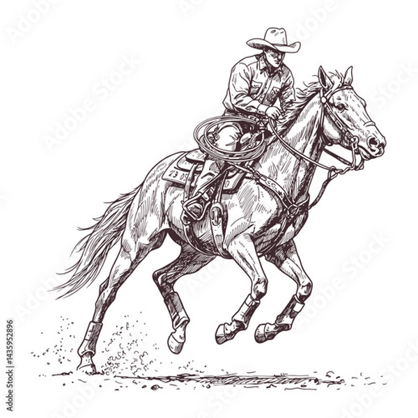 Obraz Vintage hand drawn cowboy riding fast horse in a dynamic rodeo action scene detailed black and white western style sketch ideal for wild west designs retro posters and rustic equestrian themes
