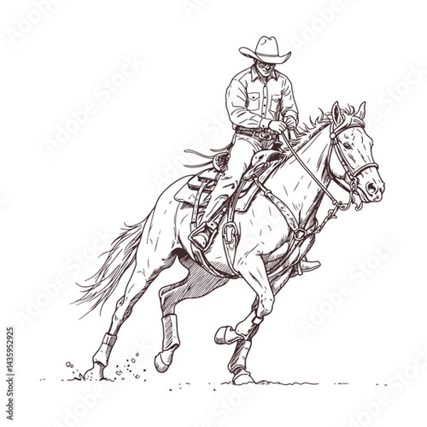 Obraz Hand drawn illustration of a cowboy riding a galloping horse at full speed detailed western rodeo artwork dynamic action scene traditional cowboy culture vintage rustic style black and white sketch