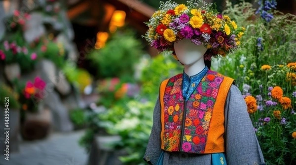 Fototapeta Traditional Polish folk costume arranged on a mannequin with a floral crown and vest, no people