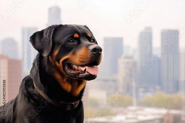 Fototapeta Rottweiler against the background of a modern city, generated AI