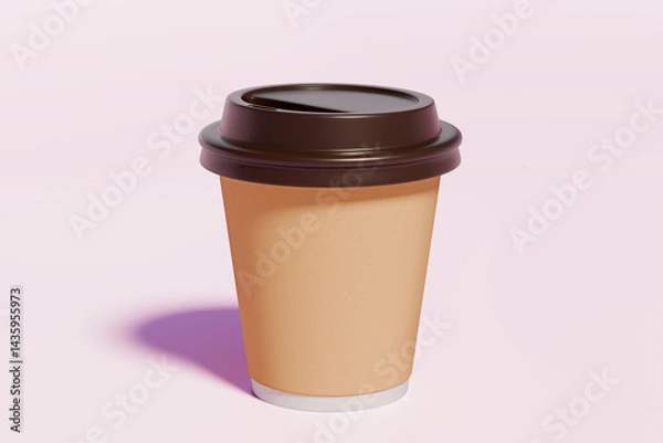 Obraz High quality 3D render of takeaway disposable kraft paper coffee cup with brown lid on pastel pink backdrop. Product mockup for your design. For packaging design, marketing, branding, coffee culture.