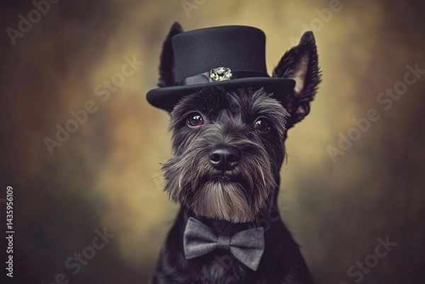 Fototapeta Scotch Terrier in classic style with hat, generated AI