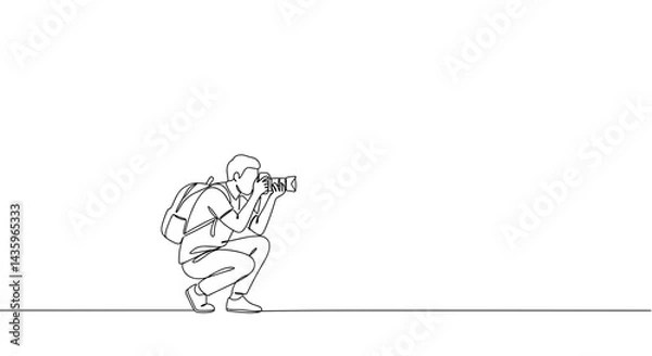Fototapeta Outline of a photographer with focused mood capturing a shot while crouching on white background
