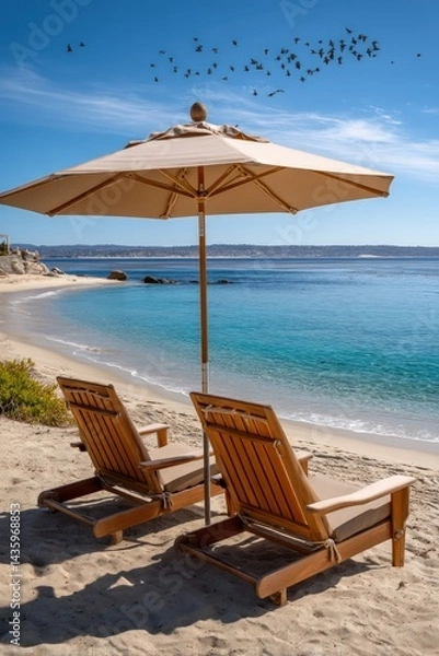 Fototapeta Beach chairs under umbrella on tropical beach with birds flying above, getaway ad
