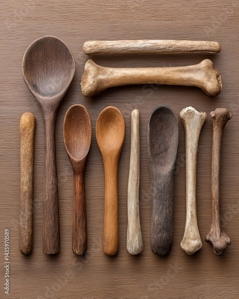 Fototapeta International Museum Day, top view of archaeological tools and ancient bones. Museum day archaeological dig flat lay, museum day ancient bones on wood museum day historic research for museum day.